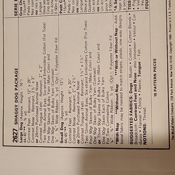 The Shaggy Dog McCalls Sewing Pattern 2627 Stuffed Toy - Picture 4 of 8